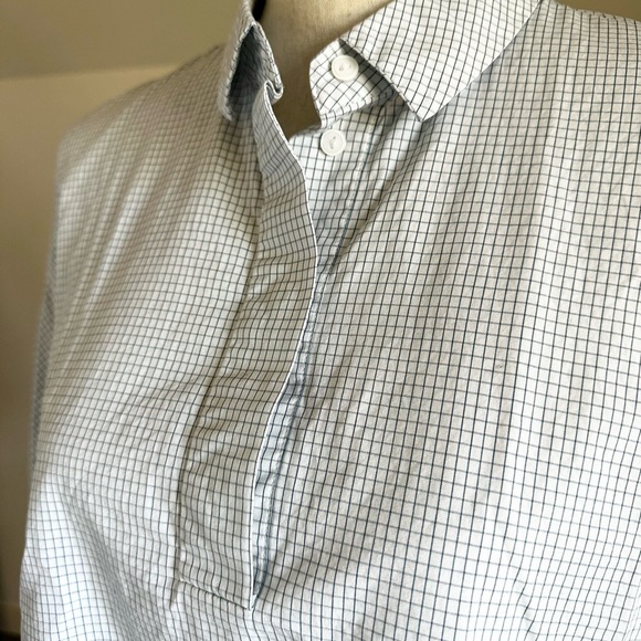 COS Women’s 3/4 Sleeve 1/4 Button Up Blue White Grid Print High Low Hem Size 6 - Picture 5 of 9